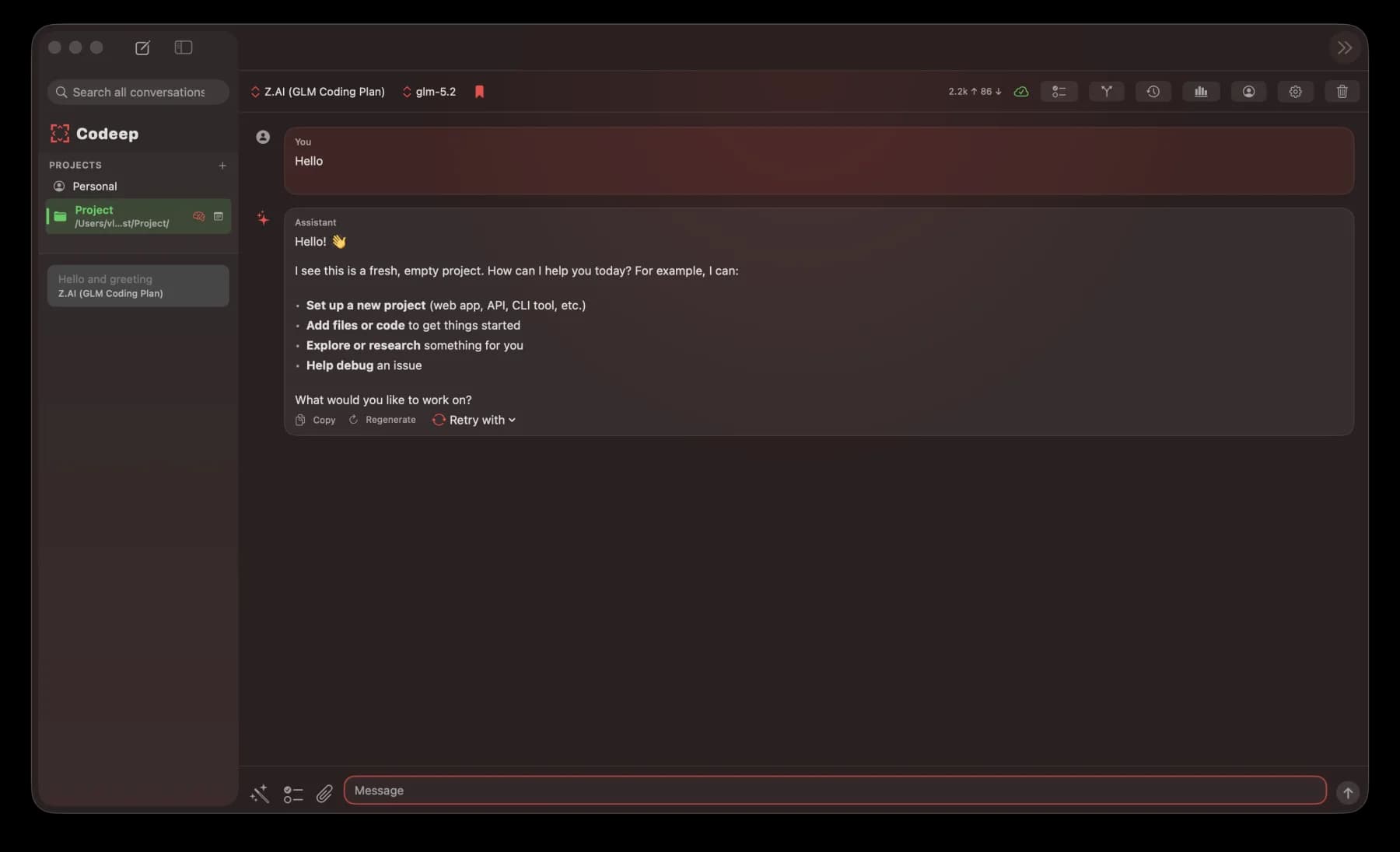 Codeep native macOS app with project-aware chat