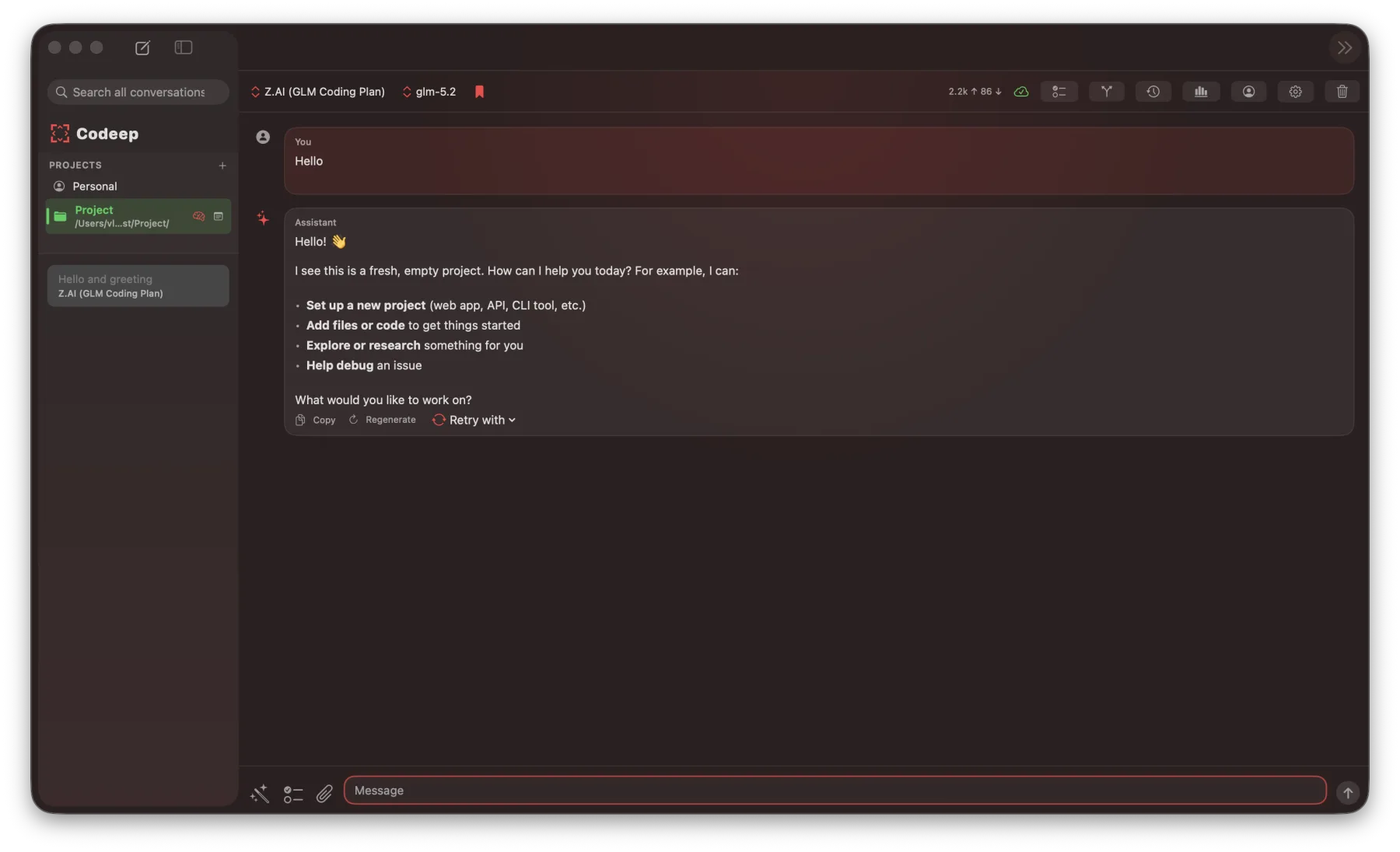 The Codeep macOS app — chat window with a project sidebar