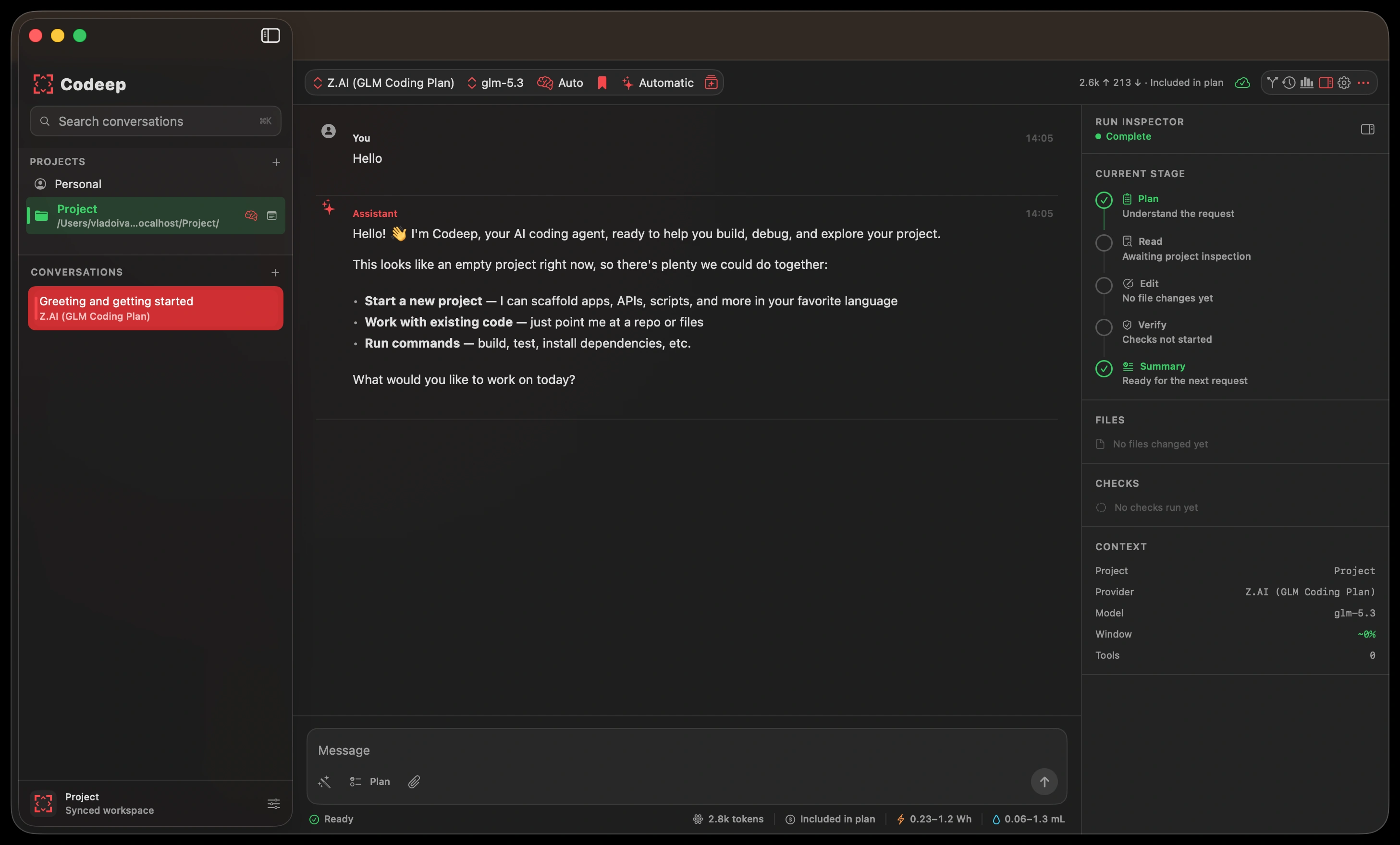 The redesigned Codeep macOS workbench with project sidebar, conversation, Run Inspector, and usage estimates