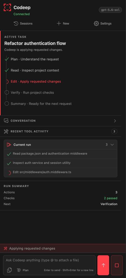 Codeep VS Code agent timeline with active task, recent tool activity, and run summary