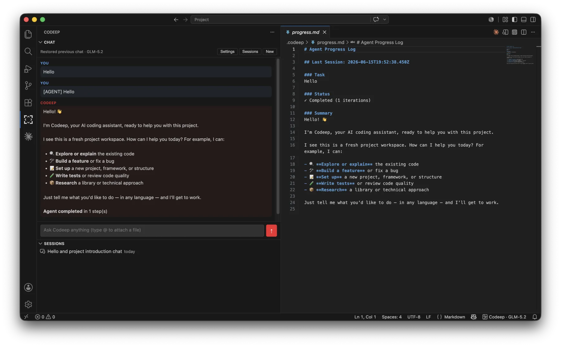 Codeep VS Code extension — chat panel beside the editor